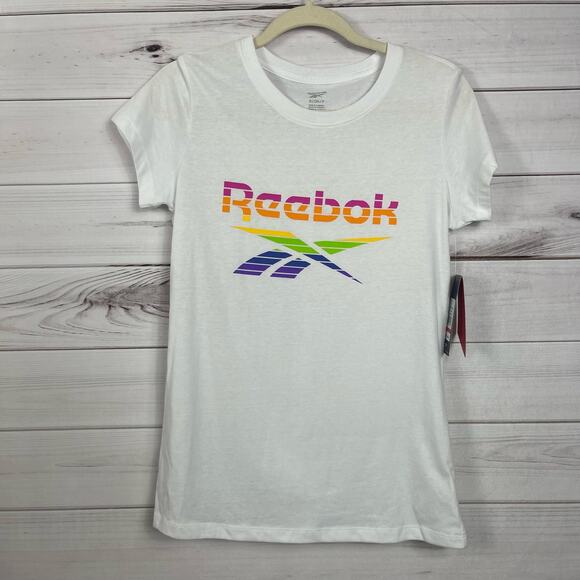 Reebok Stark White Striped Lockup Pride Graphic Tee NWT Small - Picture 1 of 4